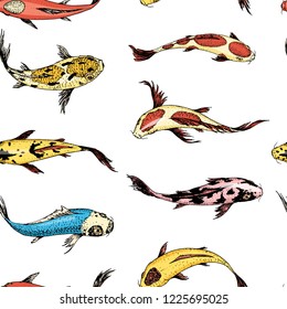 Koi carps, seamless pattern japanese fish. korean animals. Engraved hand drawn line art Vintage tattoo monochrome sketch for label.