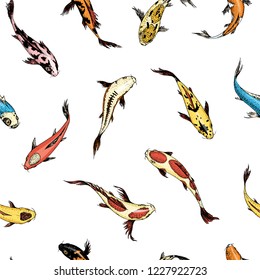 Koi carps, seamless pattern japanese fish. korean animals. Engraved hand drawn line art Vintage tattoo monochrome sketch for label.