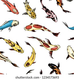 Koi carps, seamless pattern japanese fish. Korean animals. Engraved hand drawn. Vintage tattoo monochrome sketch.
