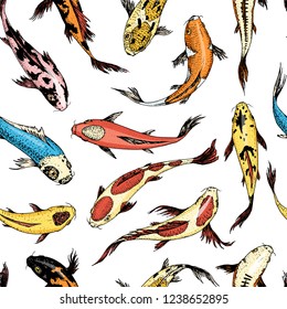 Koi carps, seamless pattern japanese fish. Korean animals. Engraved hand drawn. Vintage tattoo monochrome sketch.
