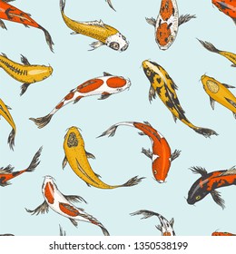 Koi carps, seamless pattern japanese fish. korean animals. Engraved hand drawn line art Vintage tattoo monochrome sketch for label.