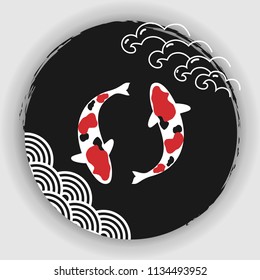 Koi carps with sun and wave. Hand drawn ink brushes in traditional Japanese style. Logo Template design vector Illustration.