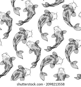 Koi carps swim. Seamless pattern, sketch retro style. Vector illustration. Tattoo print. Hand drawn illustration for t-shirt print, fabric and other uses.