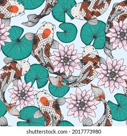 Koi carps swim in water with lotus flower. Seamless pattern. Vector illustration. Tattoo print. Hand drawn illustration for t-shirt print, fabric and other uses.