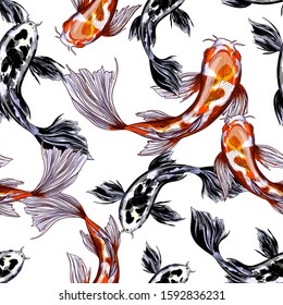 Koi carps top view, seamless pattern, full color sketch, hand drawn vector illustration