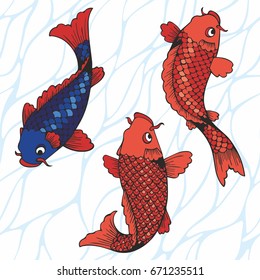The koi carps. Vector illustration. Hand drawing for printing, design and decoration of surfaces, covers and much more