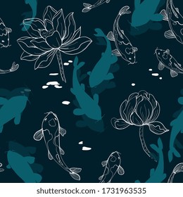 Koi carps in water, among graphic lotuses on a dark aquamarine green, blue color background. Vector seamless pattern with flowers and fish. Repeating square design for fabric and wallpaper.