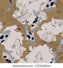 Koi carps in water, among graphic lotuses on a light beige, cream color background. Vector seamless pattern with flowers and fish. Repeating square design for fabric and wallpaper.