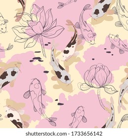 Koi carps in water, among graphic lotuses on a light cream, delicate pink color background. Vector seamless pattern with flowers and fish. Repeating square design for fabric and wallpaper.