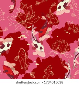 Koi carps in water, among graphic lotuses on a pink red color background. Vector seamless pattern with flowers and fish. Repeating square design for fabric and wallpaper.