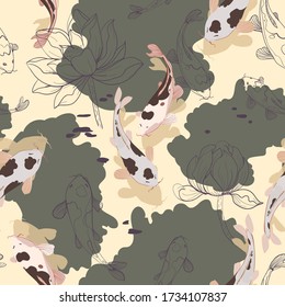 Koi carps in water, among graphic lotuses on a ochre cream, moss green color background. Vector seamless pattern with flowers and fish. Repeating square design for fabric and wallpaper.
