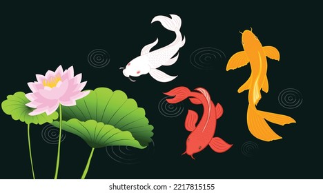 Carpas de Koi en agua, entre lotos gráficos en un fondo azul oscuro. Diseño cuadrado repetitivo para tela y papel pintado. Ilustración de vectores.Pintura de peces Koi.