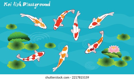 Carpas de Koi en agua, entre lotos gráficos en un fondo azul claro. Diseño cuadrado repetitivo para tela y papel pintado. Ilustración de vectores.Pintura de peces Koi.