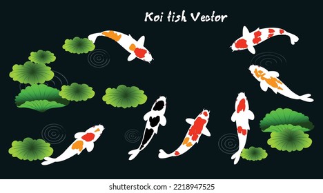 Koi carps in water, among graphic lotuses on a dark blue,  background. Repeating square design for fabric and wallpaper. Vector illustration.Koi Fish Painting.