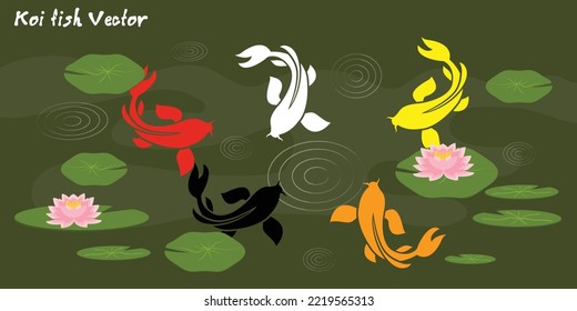 Koi carps in water, among graphic lotuses on a dark green,  background. Repeating square design for fabric and wallpaper. Vector illustration.Koi Fish Painting.