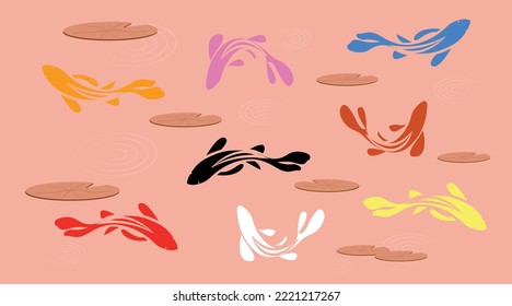 Koi carps in water, among graphic lotuses on light orange background. Repeating square design for fabric and wallpaper. Vector illustration.Koi Fish Painting.