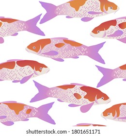Carpas de Koi en agua. Patrón de vectores sin fisuras con peces. Diseño cuadrado repetitivo para tela y papel pintado.