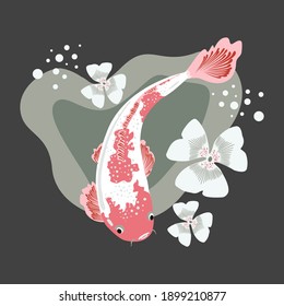 Koi fish. Background with abstract smooth lines of water. Exzotic flowers. Vector.