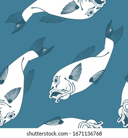Koi fish background by hand drawing. Art highly detailed in line art style. Fish and flower seamless pattern.
