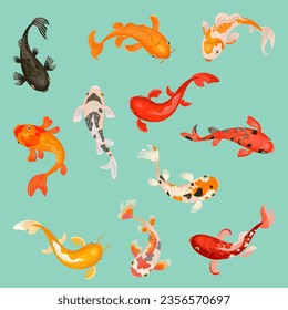 Pescado de Koi. Pescado botánico japonés, carpas de jardín en el lago. Pescado dorado decorativo, animales subacuáticos de estilo asiático. Elementos de agua orientales, colección vectorial actual