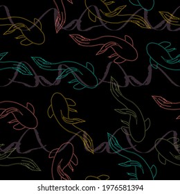 Koi fish. Koi carp fishes vector illustration, multicolored swimming oriental goldfish set isolated on dark background
