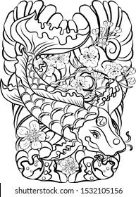 Koi fish carp with flower and clouds background for tattoo style.Chinese tattoo.Korean sleeve tattoo design with wave and sakura floral vector.Gold fish for painting on T-shirt or wallpaper background