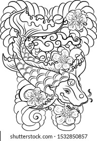 Koi fish carp with flower and clouds background for tattoo style.Chinese tattoo.Korean sleeve tattoo design with wave and sakura floral vector.Gold fish for painting on T-shirt or wallpaper background
