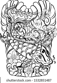 Koi fish carp with flower and clouds background for tattoo style.Chinese tattoo.Korean sleeve tattoo design with wave and sakura floral vector.Gold fish for painting on T-shirt or wallpaper background