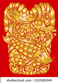Koi fish carp with flower and clouds background for tattoo style.Chinese tattoo.Korean sleeve tattoo design with wave and sakura floral vector.Gold fish for painting on T-shirt or wallpaper background