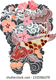 Koi fish carp with flower and clouds background for tattoo style.Chinese tattoo.Korean sleeve tattoo design with wave and sakura floral vector.Gold fish for painting on T-shirt or wallpaper background