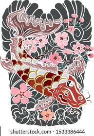 Koi fish carp with flower and clouds background for tattoo style.Chinese tattoo.Korean sleeve tattoo design with wave and sakura floral vector.Gold fish for painting on T-shirt or wallpaper background