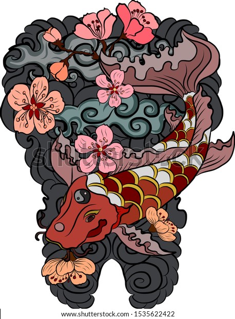 刺青のスタイルは 花と雲の背景に鯉魚の鯉こい 中国の刺青 波と桜の花柄のベクター画像を使った朝鮮の袖の刺青 Tシャツや壁紙の背景に絵を描く金魚 のベクター画像素材 ロイヤリティフリー