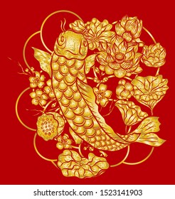 koi fish carp with lotus flower vector for tattoo and background.