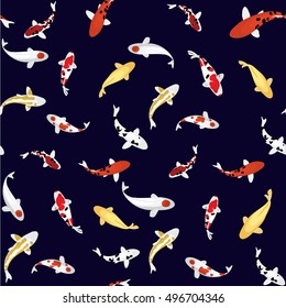 Koi fish or carps on dark blue background seamless pattern