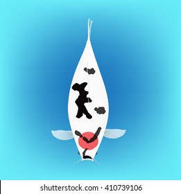 Koi fish, category tancho showa in blue water background, Vector illustration.