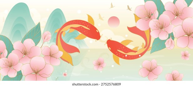 Koi fish and cherry blossom oriental background vector. Red koi with pink sakura flowers in soft Asian spring landscape for banner, greeting card, wall art, packaging and digital media.