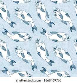 Koi fish and chrysanthemum background by hand drawing. Art highly detailed in line art style. Fish and flower seamless pattern.