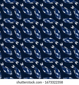 Koi fish and chrysanthemum background by hand drawing. Art highly detailed in line art style. Fish and flower seamless pattern.