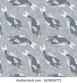 Koi fish and chrysanthemum background by hand drawing. Art highly detailed in line art style. Fish and flower seamless pattern.