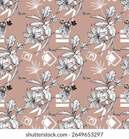 Koi fish and chrysanthemum pattern by hand drawing.Tattoo art highly detailed in line art style