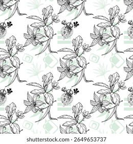 Koi fish and chrysanthemum pattern by hand drawing.Tattoo art highly detailed in line art style