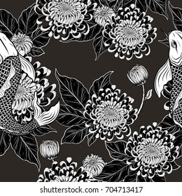 Koi fish and chrysanthemum pattern by hand drawing.Tattoo art highly detailed in line art style.Fish and flower seamless pattern.