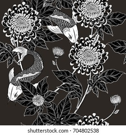 Koi fish and chrysanthemum pattern by hand drawing.Tattoo art highly detailed in line art style.Fish and flower seamless pattern.