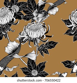Koi fish and chrysanthemum pattern by hand drawing.Tattoo art highly detailed in line art style.Fish and flower seamless pattern.