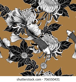 Koi fish and chrysanthemum pattern by hand drawing.Tattoo art highly detailed in line art style.Fish and flower seamless pattern.