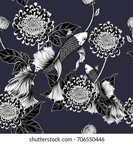 Koi fish and chrysanthemum pattern by hand drawing.Tattoo art highly detailed in line art style.Fish and flower seamless pattern.