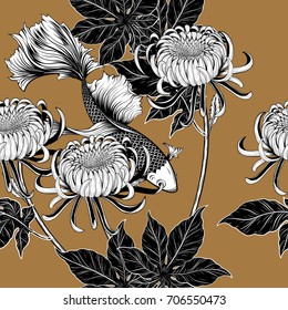 Koi fish and chrysanthemum pattern by hand drawing.Tattoo art highly detailed in line art style.Fish and flower seamless pattern.