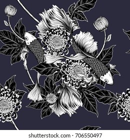 Koi fish and chrysanthemum pattern by hand drawing.Tattoo art highly detailed in line art style.Fish and flower seamless pattern.
