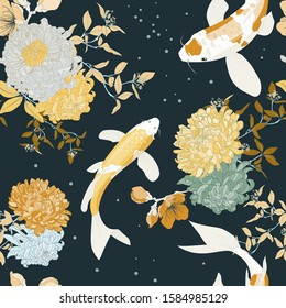 Koi Fish Chrysanthemum Seamless Vector Design