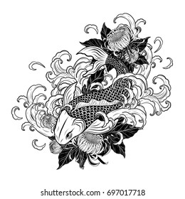 Koi fish and chrysanthemum tattoo by hand drawing.Tattoo art highly detailed in line art style.
